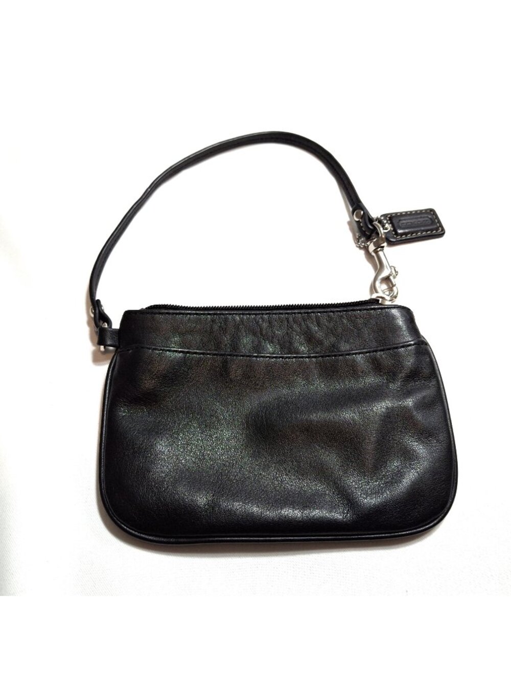 COACH Black Leather Corner Zip Wristlet Wallet Pouch Silvertone Coach Charm
